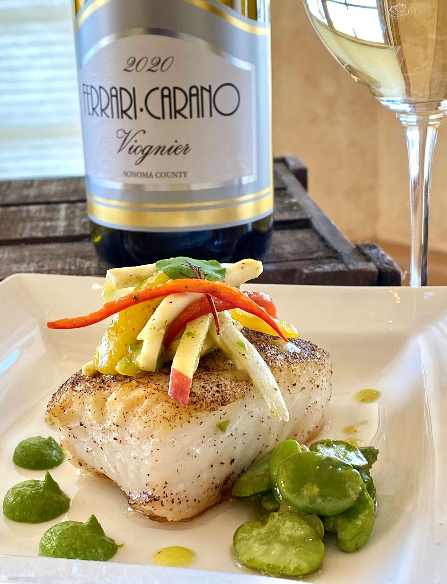 ALASKAN HALIBUT WITH SPICY SLAW, BROWN BUTTER FAVA BEANS, GREEN GARLIC PURÉE