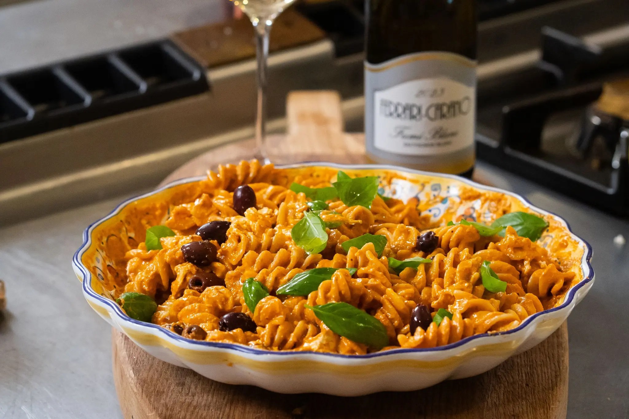 Red Pesto Pasta Salad With Olives & Mozzarella Paired With Fumé Blanc